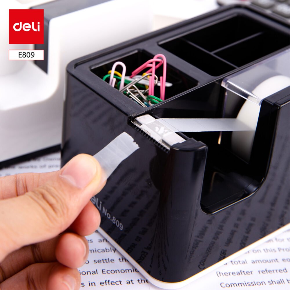 E809 ديلي مقلمة مكتبية مع قطاعة شريط لاصق - أبيض/أسود E809